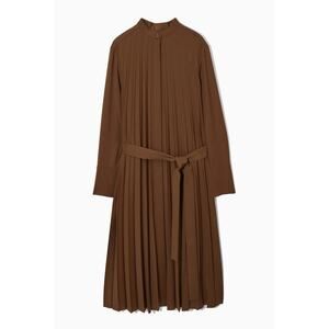 COS Brown Accordian Pleat Midi Shirt Dress Wool Blend Size 8